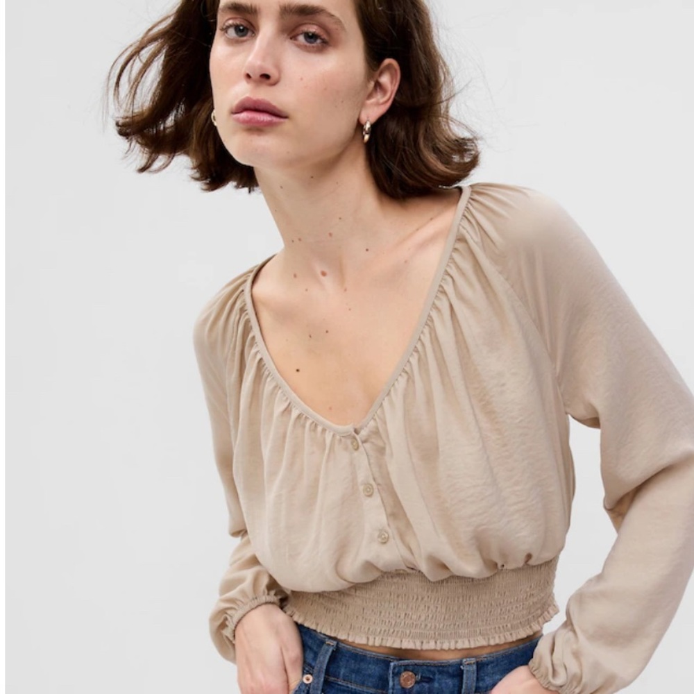 Gap Cobblestone Beige Button-Front Smocked Hem Top XL NWT